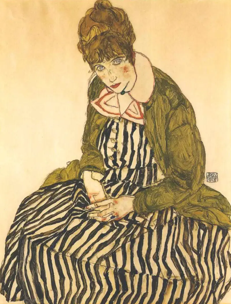Edith Schiele in a Striped Dress by Egon Schiele